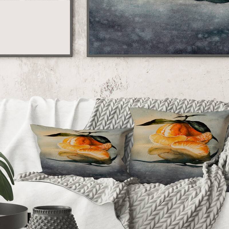 Designart 'One Peeled Fresh Orange Mandarin With Green Leaves