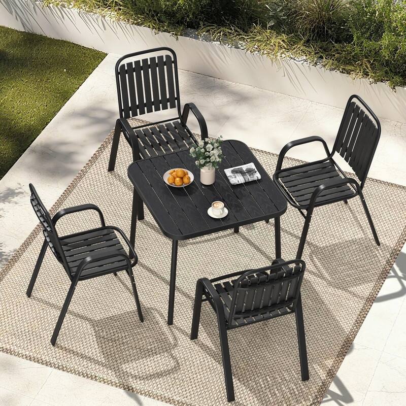 4-Person Patio Dining Set, Stackable Chairs and Square Steel Table with Umbrella Hole