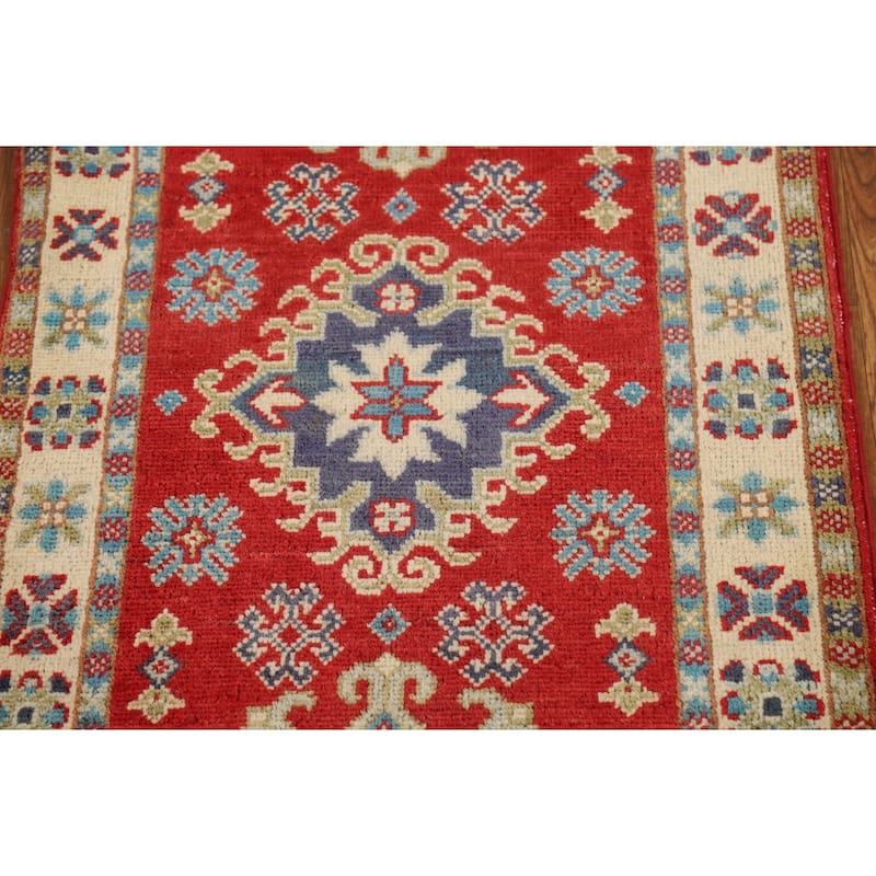 Red Geometric Kazak Foyer Rug Hand-Knotted Traditional Wool Carpet - 2'0" x 3'0"