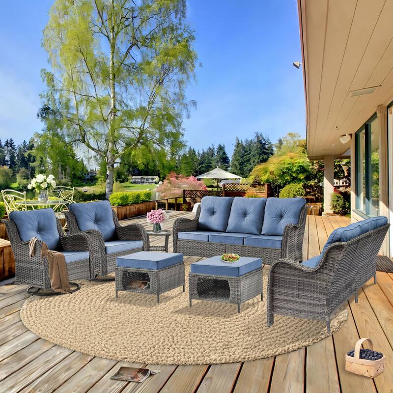 Gray Wicker Rattan Outdoor Patio Furniture Set Swivel Chair with Cushion - 7 Pieces - Denim Blue