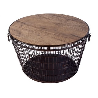 Fulton 28 in. W Round Iron and Wood Coffee Table with Decorative Handles