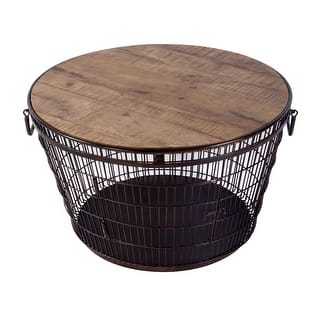 Fulton 28 in. W Round Iron and Wood Coffee Table with Decorative Handles
