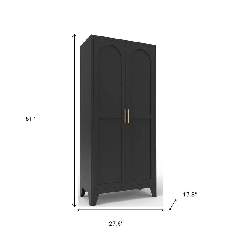 HomeRoots 61" Black Stainless Steel Pantry Or Storage Closet With Arched Panel Doors - 27.60 in. x 61.00 in. x 13.80 in.
