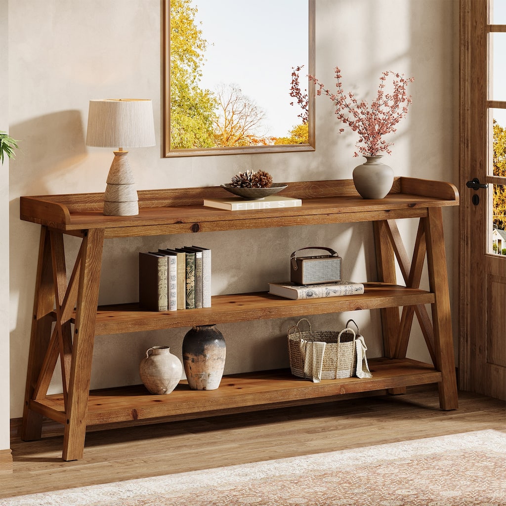 63-Inch Solid Wood Console Table with X-Shaped Frame, 3-Tier Storage - 62.99" L x 13.78" W x 35.83" H