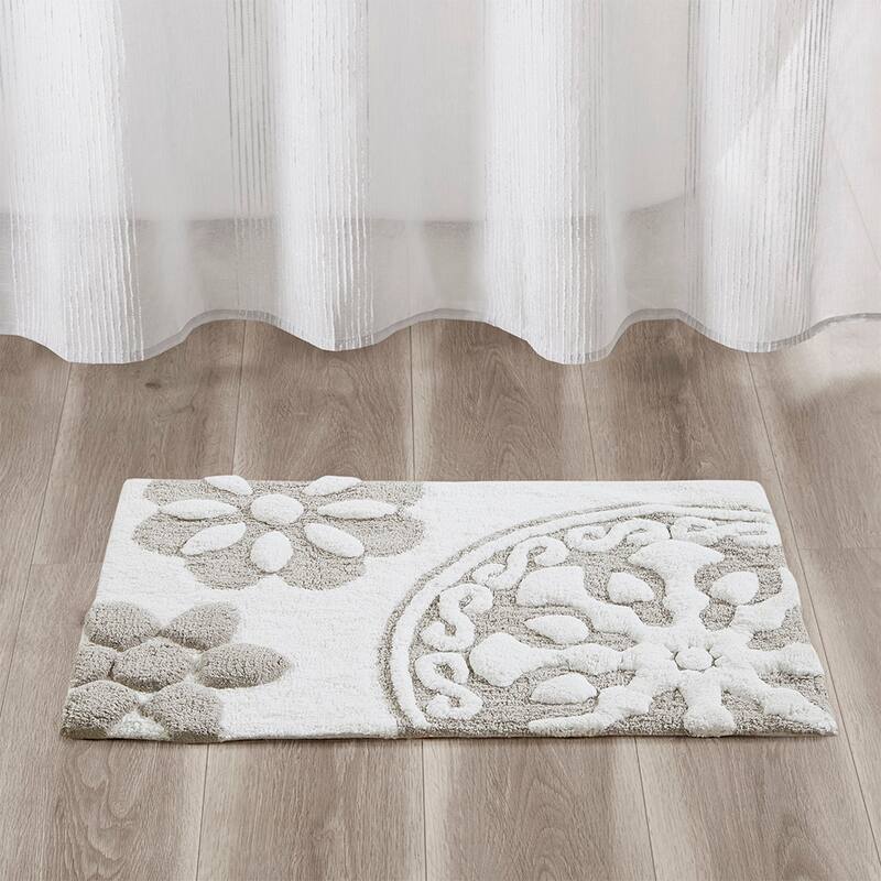 Anmytek Medallion Cotton Tufted Bath Rug Absorbent Boho Bathroom Floor Mat - Taupe