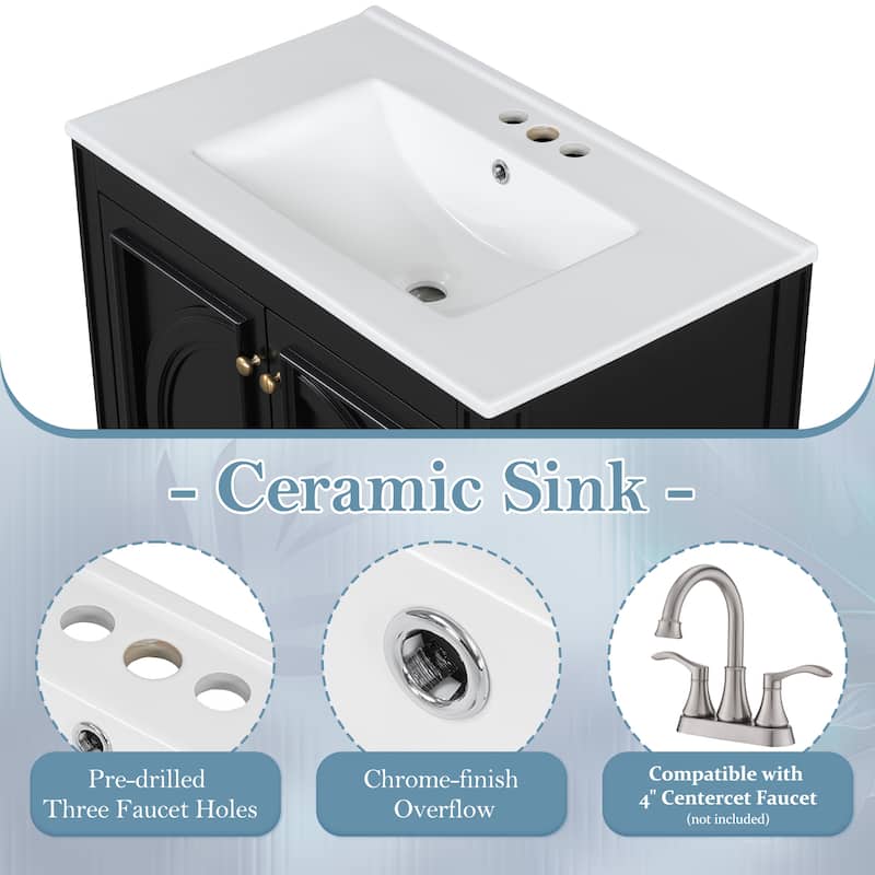 30 Inch Freestanding Bathroom Vanity with Sink, 2 Doors, Adjustable Shelf, Soft Close Hinges