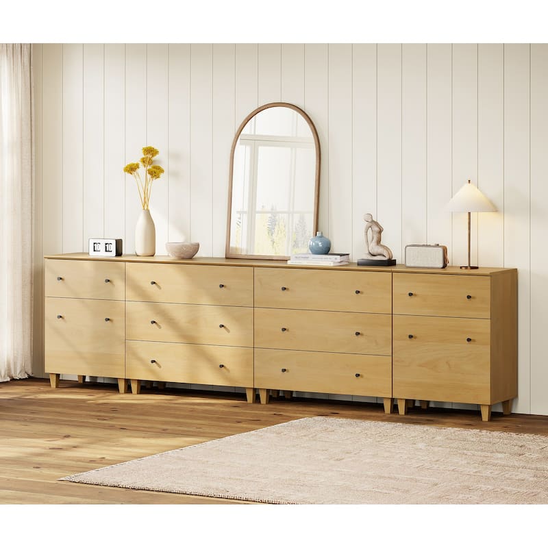 Wood Dresser with 8 Drawers and 2 Cabinets for Bedroom, 118" Wide - Oak