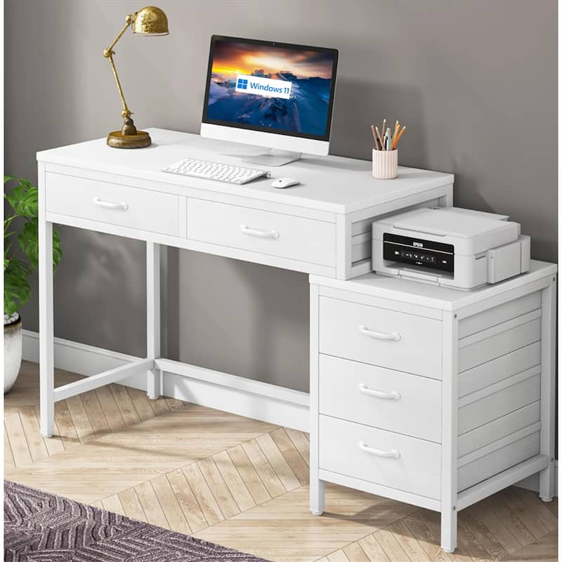 51" Reversible Industrial Computer Desk with 5 Drawers - White