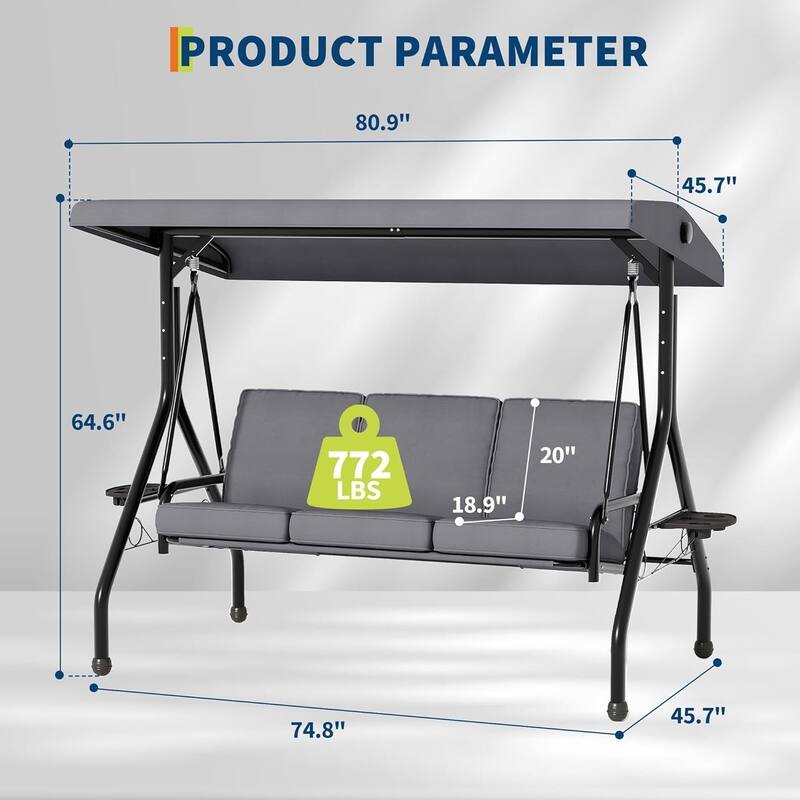 3 Seat Outdoor Porch Swing Chair with Canopy ＆ Cup Holders for Backyard, Porch, Garden