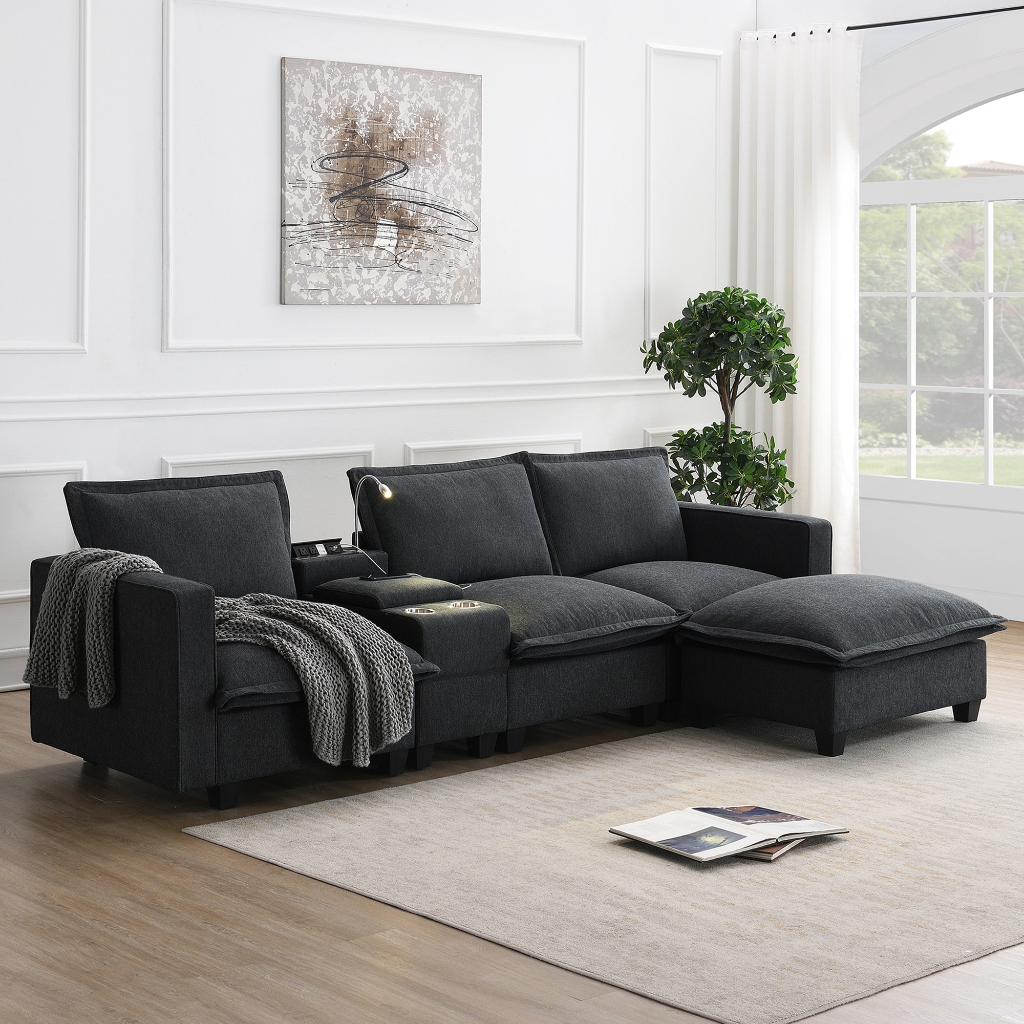 Modern Sectional Cloud Sofa with Console USB Reading Light Cup Holder 4 Seat Chenille Modular Couch Grey Bed Bath Beyond 40593613