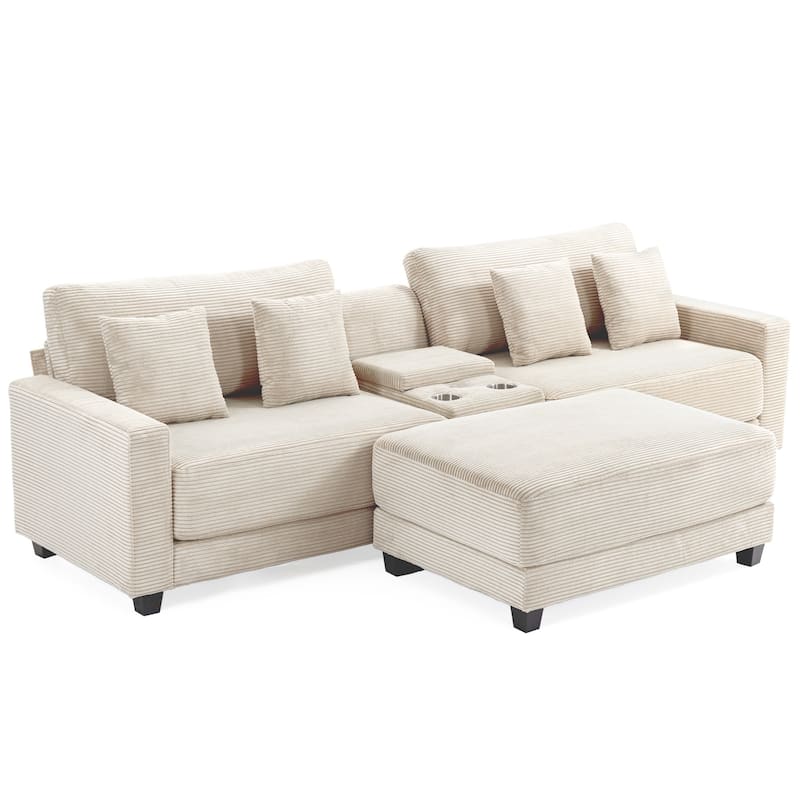Oversized Corduroy Upholstered Sofa with a Removable Ottoman & 4 Pillows