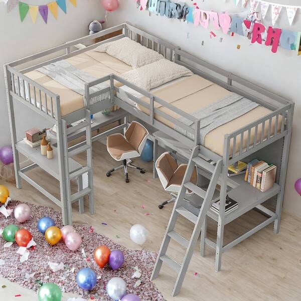 slide 2 of 15, Twin Size L-Shaped Loft Bed With Ladder And 2 Built-in L-Shaped Desks Grey