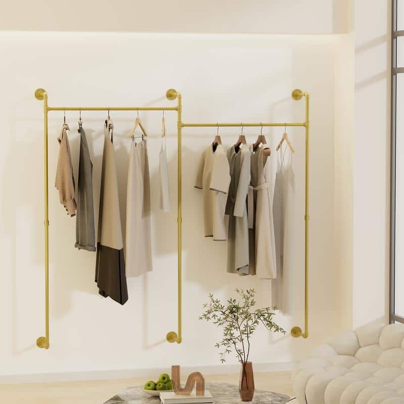 Industrial Pipe Clothes Rack Wall Mounted Iron Garment Bar for Closet Storage - 80.7x74.8 inch - Gold