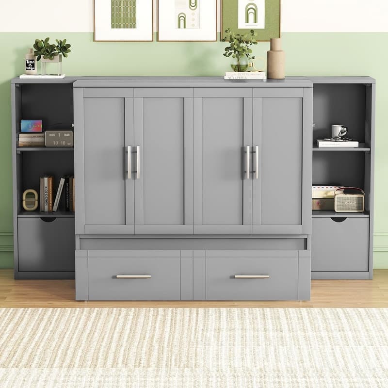 Queen Size Wood Murphy Bed with Shelves,Wall Bed with Drawers and USB Ports