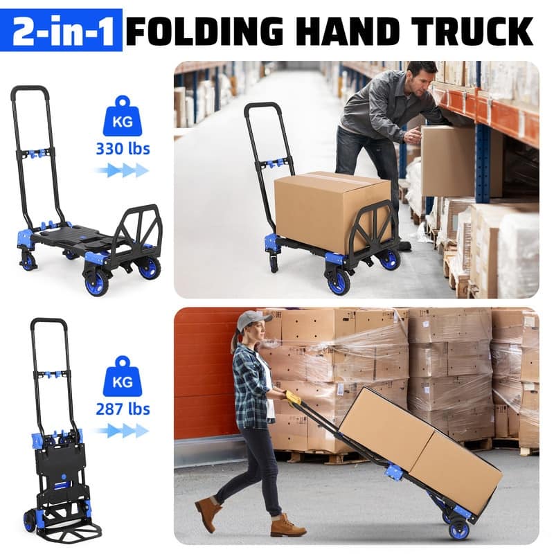 Folding Hand Truck Dolly with Basket, Dolly Cart with Wheels, Convertible Handcart with Retractable Handle