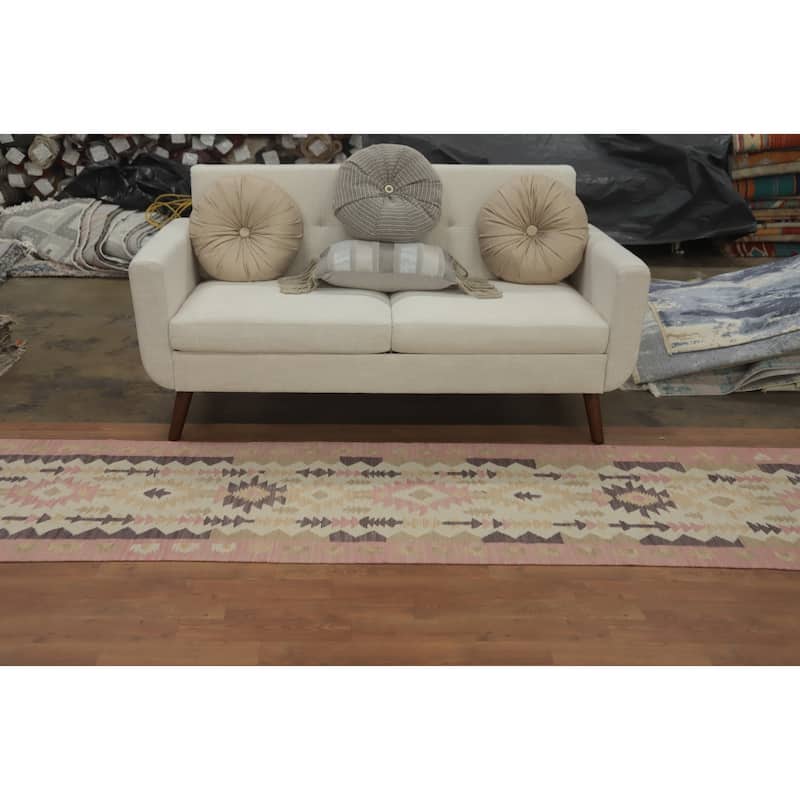 Hand Woven Oriental 100% Wool Carpet Southwestern Tribal Beige & Ivories Kilim Runner Rug - 12' 10'' X 2' 7''