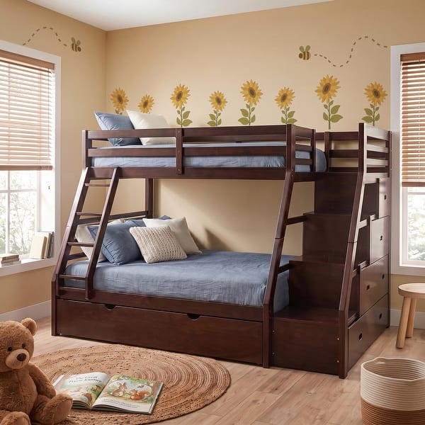 slide 2 of 11, Furniture of America Waluz Twin over Full Wood Bunk Bed with Drawers Espresso