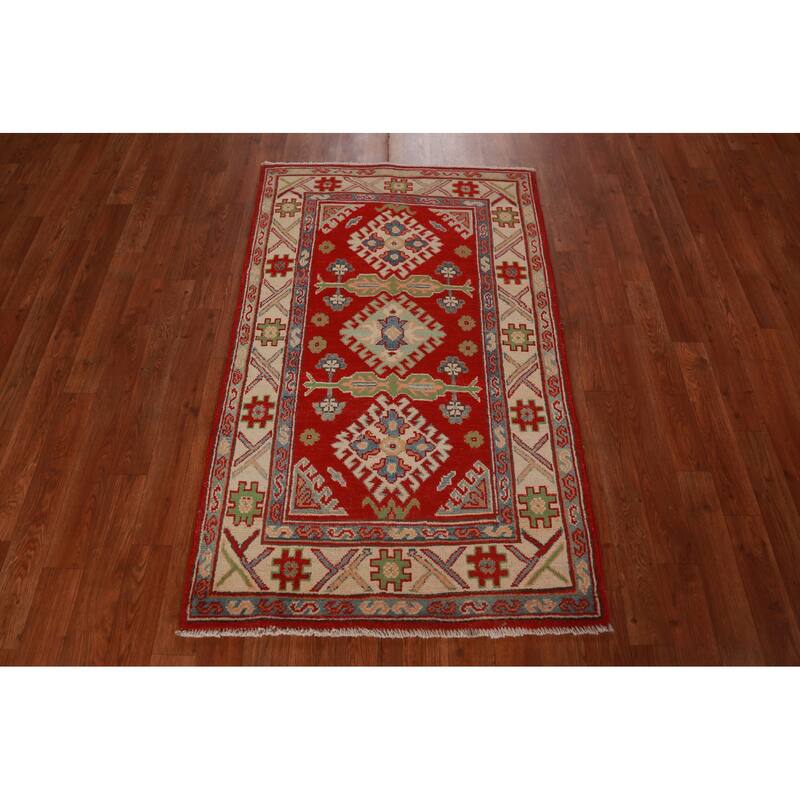 Red Kazak Foyer Rug Handmade Traditional Geometric Wool Carpet - 2'8"x 4'3"