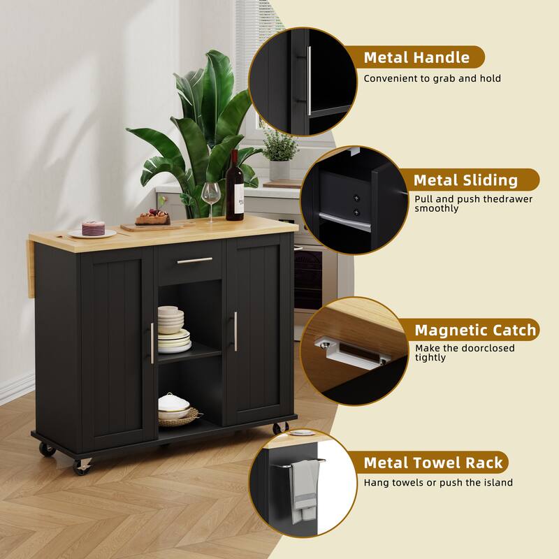 2-Door Kitchen Island with Drawer & Drop Leaf - Mobile Storage Cart on Lockable Wheels for Kitchen, Dining Room, Bar