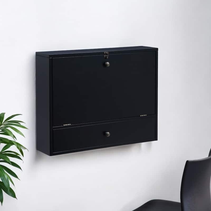 Wood Floating Foldable Desk with Shelves, Drawer and Cork Board Wall Mounted