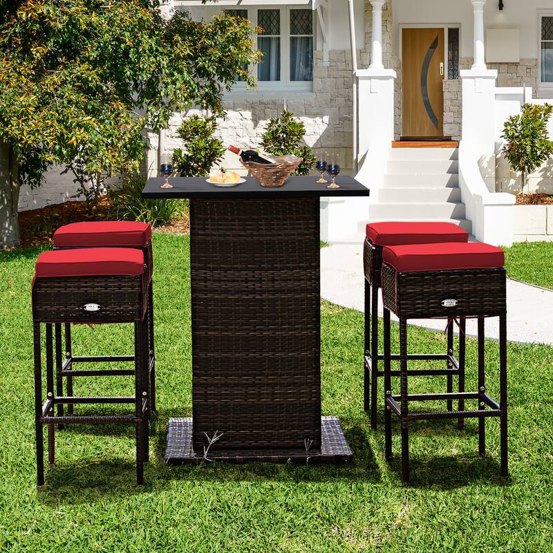 Costway 5PCS Patio Rattan Bar Table Stool Set Hidden Storage Shelf - Red