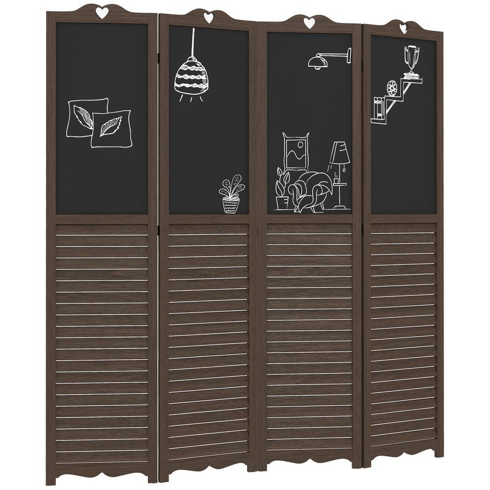 4-Panel Folding Room Divider with Blackboard, 5.5 Ft Tall Freestanding Privacy Screen Panels for Bedroom or Office, Walnut Brown