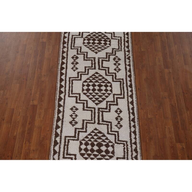 Geometric Anatolian Turkish Runner Rug Handmade Beige Wool Carpet - 3'1"x 11'6"