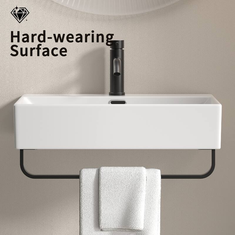 GDFStudio - Vale Modern Ceramic Wall Mounted Vessel Sink with Integrated Towel Bar and Faucet Hole