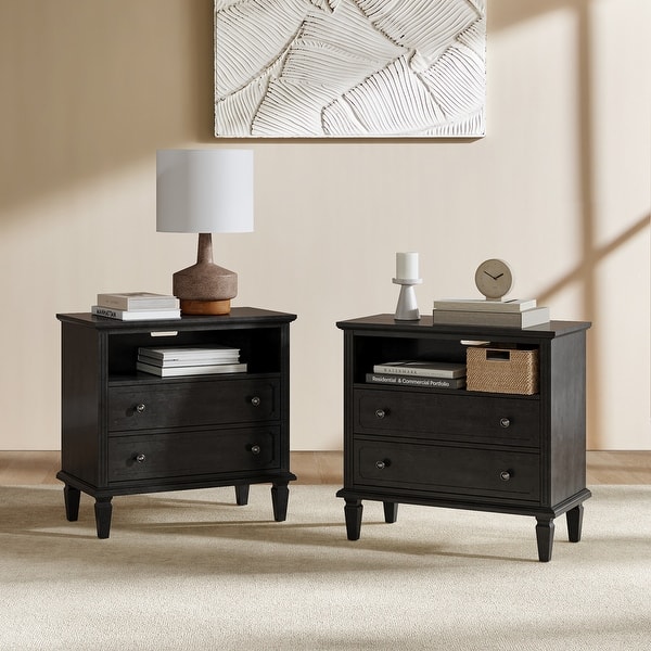 slide 2 of 10, HULALA HOME Kamilo Transitional 28''W 2-Drawers End Table with Built-in Charging Station and Solid Wood Legs Set of 2 Black