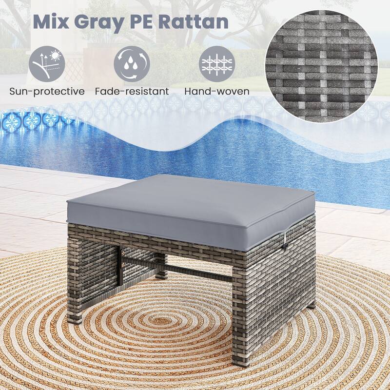 PE Rattan Outdoor Ottomans with Cushions, Footrest Seats or Tables - 16" L x 19" W x 9.5" H