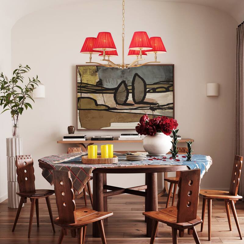 31.5" W Mid-Century Traditional Brass Finish Dimmbale Chandelier with Red Pleated Fabric Shades for Living & Dining Room