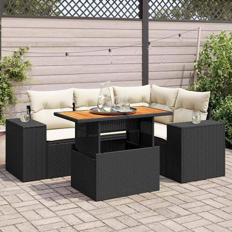 vidaXL Patio Sofa Set with Cushions Lounge Sofa Sections 5 Piece Poly Rattan - 21.7 x 39.4 x 28.7 - Black and cream with storage