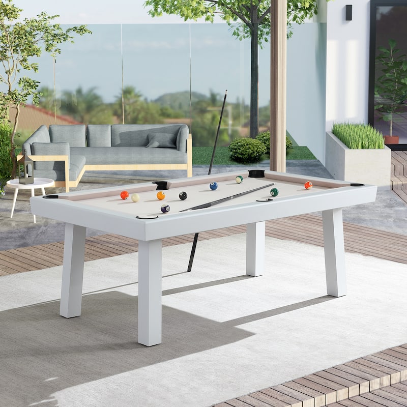 Laguna Indoor/Outdoor 7ft Slate Pool Table Dining Set with 2 Benches & Accessories, White Finish