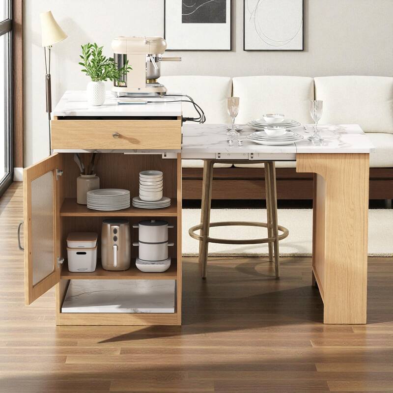 59.5" Kitchen Island with Extendable Table, Double-Sided Storage, Power Outlet, Drawers and Shelves