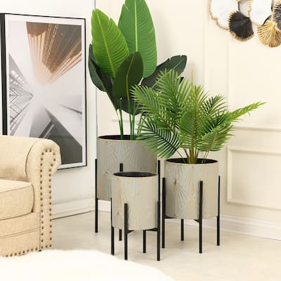 Grey and Gold Metal Cachepot Planters with Black Stand (Set of 3)