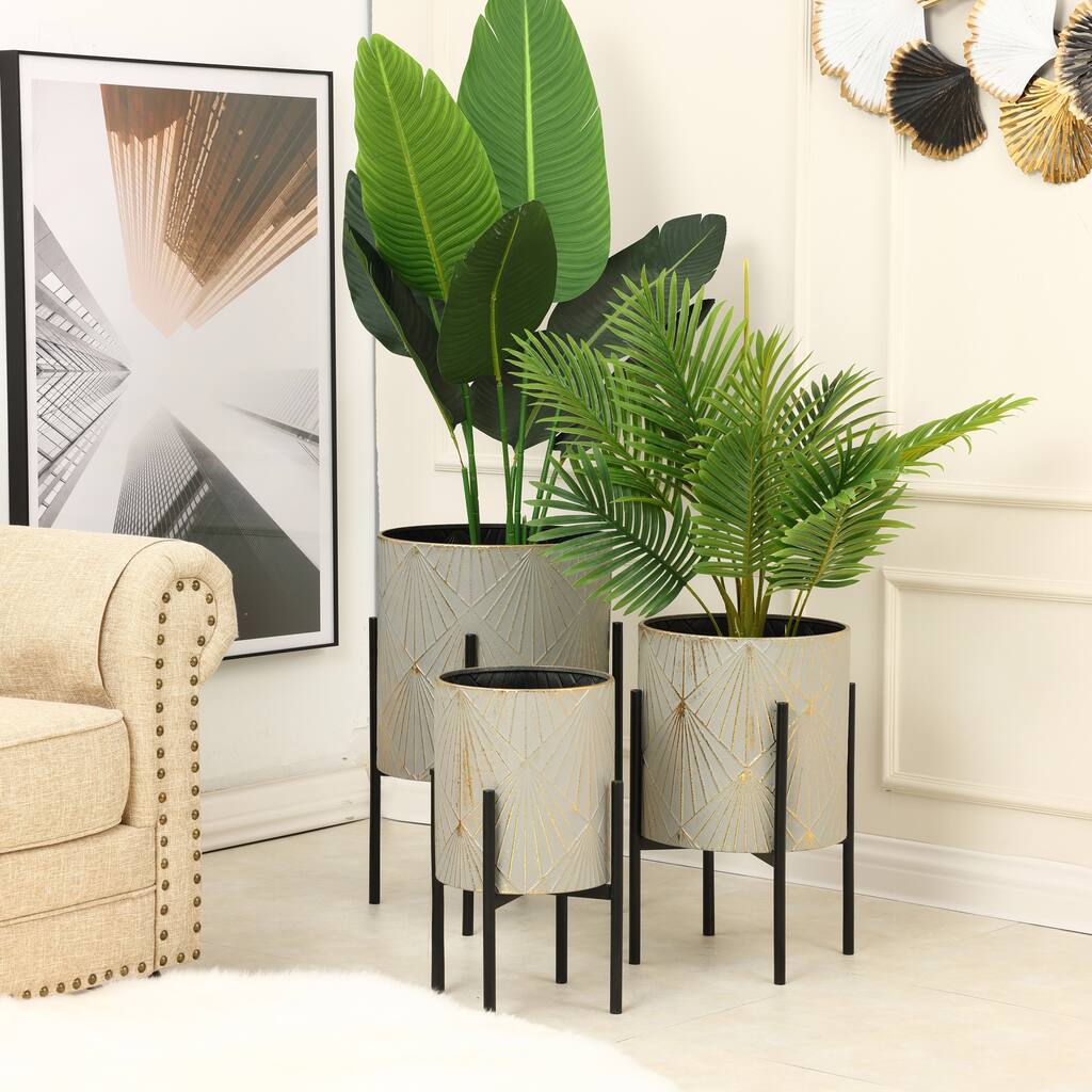 Grey and Gold Metal Cachepot Planters with Black Stand (Set of 3 ...