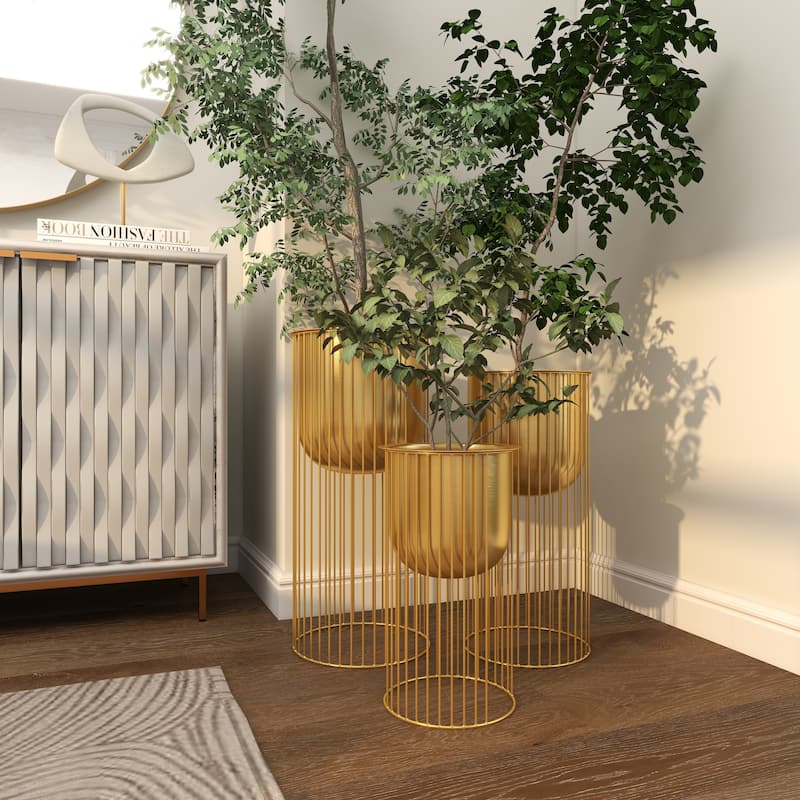 Gold Metal Deep Recessed Dome Indoor Outdoor Planter with Elevated Caged Stand (Set of 3)