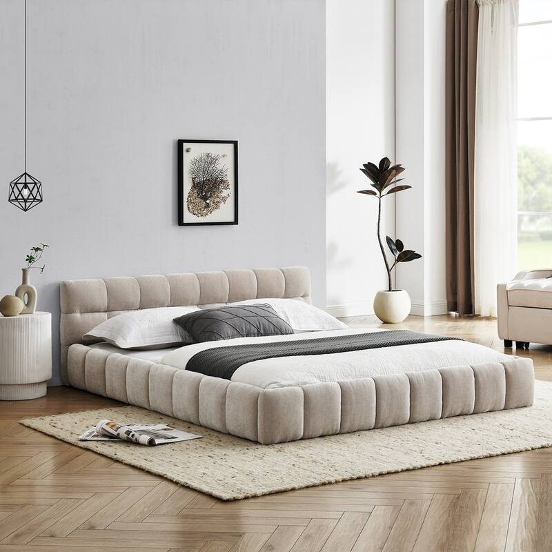 Chenille Fabric Grounded Platform Bed Upholstered Bed Frame
