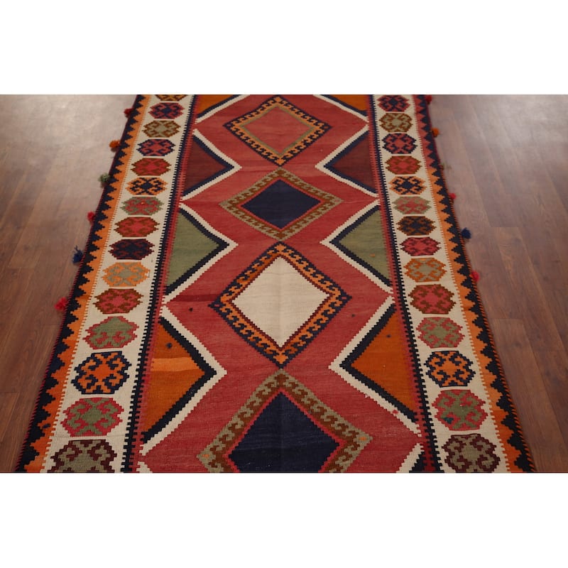 Vegetable Dye Red Kilim Qashqai Persian Antique Runner Wool Carpet - 3'9"x 8'6"