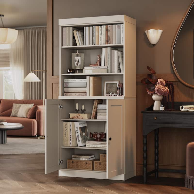Solid Wood Tall Bookcase with Doors, Adjustable Shelves, Modular Storage, Open Display Bookshelf, 32" W x 71.5" H - Off White
