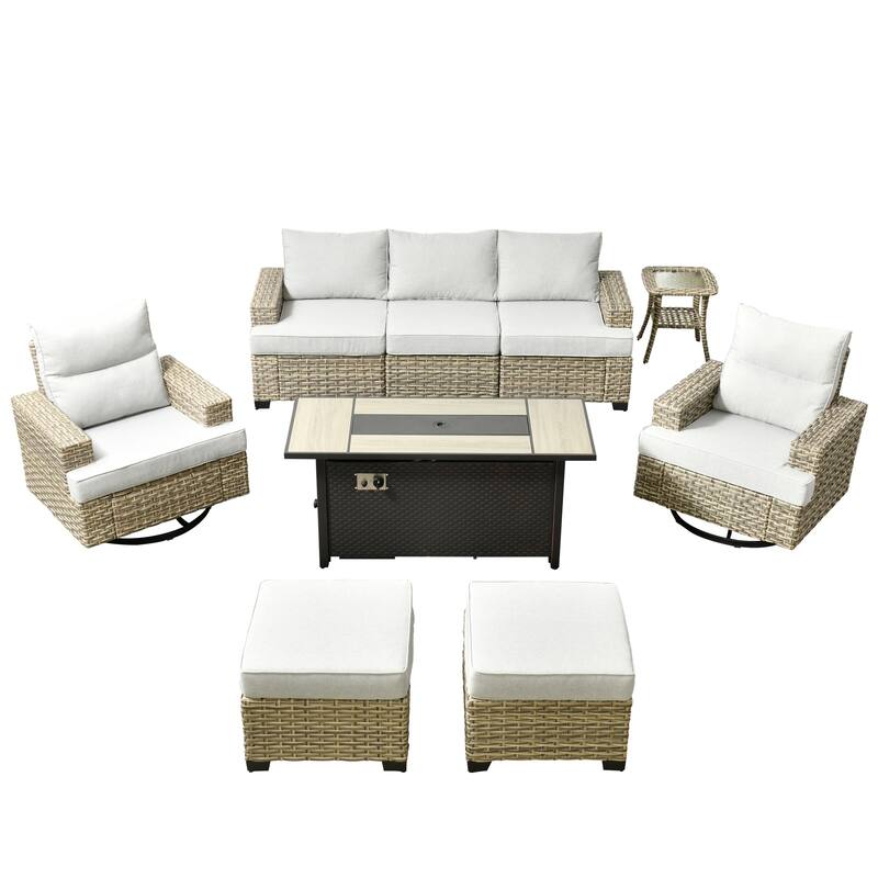 HOOOWOOO 9-piece Outdoor Wicker Furniture Swivel Rocking Chair Set with Fire Pit Table