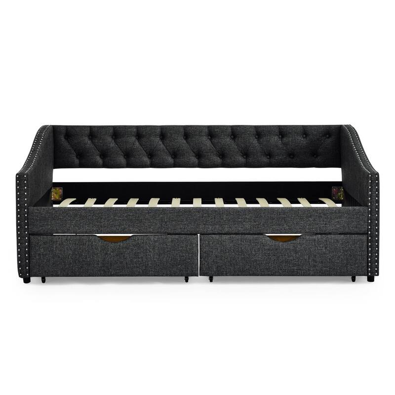 Twin Daybed with Drawers,Linen Upholstered Bed with Button on Back and Copper Nail