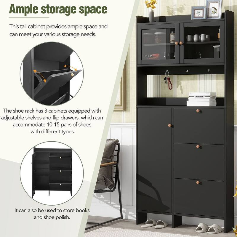 Hall Tree and Shoe Storage Bench with Flip Drawers and Doors