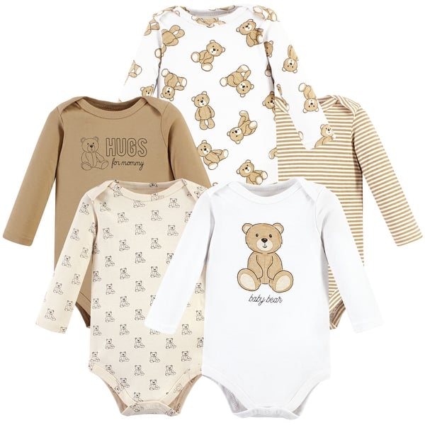 slide 1 of 1, Hudson Baby Cotton Long-Sleeve Bodysuits, Teddy Bears 5-Pack 12-18 Months - Teddy Bears 5-Pack