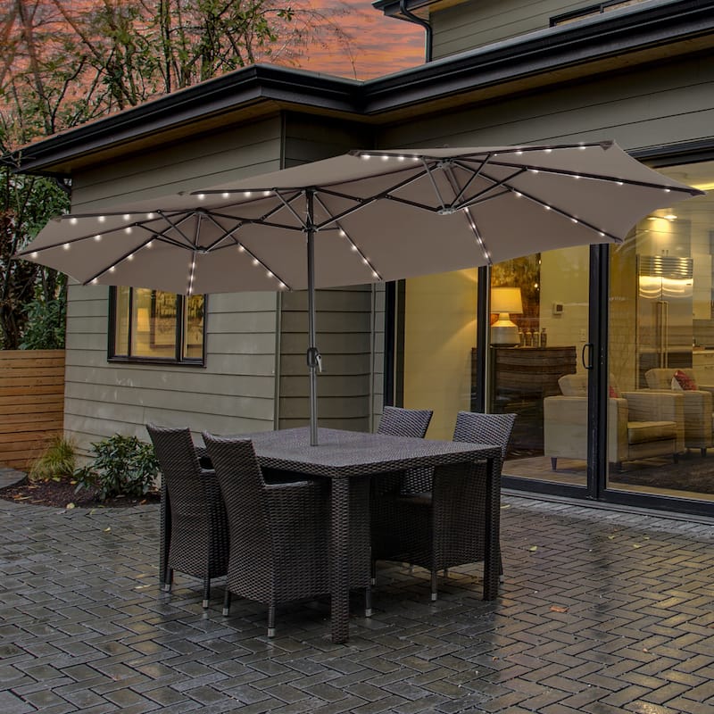 Costway 15FT Twin Patio Double-Sided Umbrella 48 Solar LED Lights - 15.4' x 9.2' x 8'