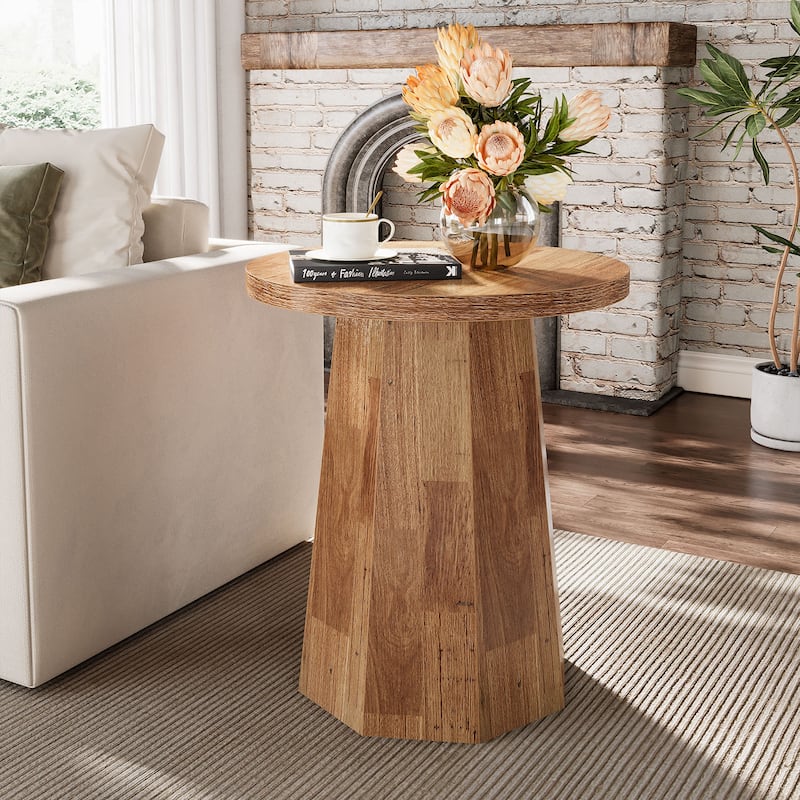 Farmhouse Wood Round End Side Couch Table with Octagonal Base
