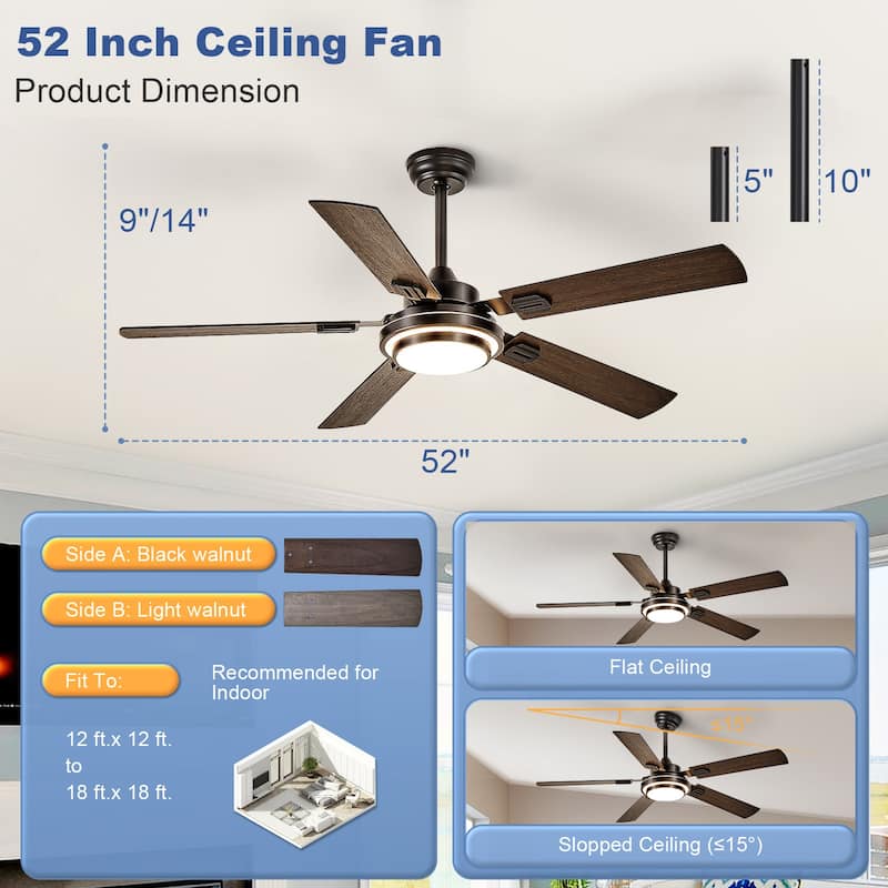 42-52Inch Ceiling Fan with Light: with 5 Blades Dual Finish Reversible - with Remote Control for Living Room Outdoor Patios