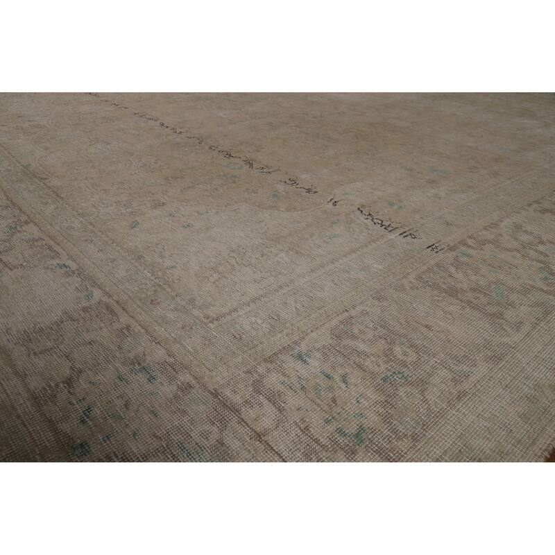 Distressed Beige Tabriz Persian Vintage Rug Hand-Knotted Wool Carpet - 9'1"x 11'9"