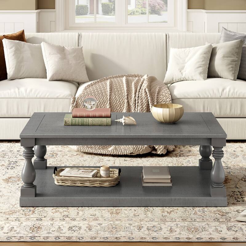 Vintage Coffee Table Featuring Artistic Vase Column Legs & Pine Veneer for Timeless Charm, Suitable for Living Room