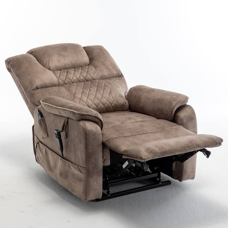 Beige Oversized Electric Recliner featuring OKIN Motor, 180° Lay Flat Lift, Extra-Wide Seat, and Storage Pockets
